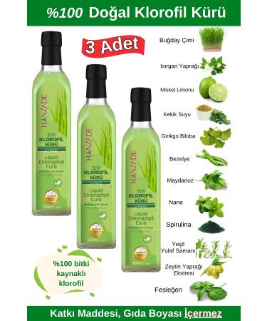 Hanzade Herbal Liquid Chlorophyll Cure Wheat Grass Added Plant Extracts 500 ML x 3 Glass Bottles