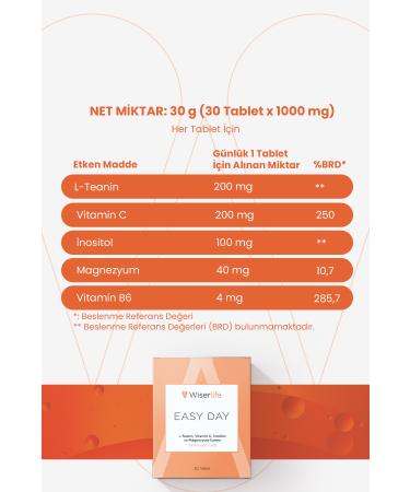 Wiserlife Easy Day L-theanine Vitamin C Inositol and Magnesium Supplementary Food 30 Tablets - Buy Online on GoSupps.com