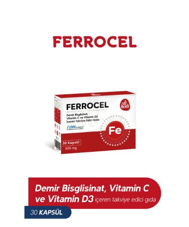 Dr.Henri Ferrocel 30 Capsules Iron Vitamin C and D3 Containing Supplementary Food 600 Mg