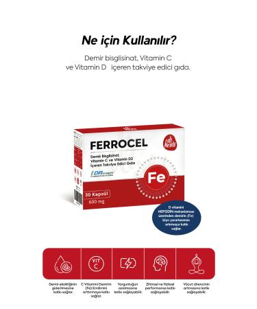 Dr.Henri Ferrocel 30 Capsules Iron Vitamin C and D3 Containing Supplementary Food 600 Mg - Buy Online on GoSupps.com