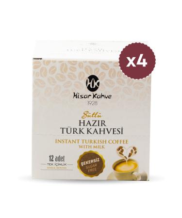 Hisar Coffee Instant Milk Turkish Coffee Sugar-Free 12-Piece (X4)
