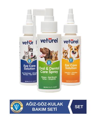 Veturel Cat Dog Eye Mouth Ear Scabies Infection Tear Stain Plaque Odor Remover Care Set 3x100ml