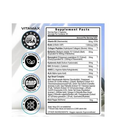 Vitamax Resveratrol + NC + NAD + Berberine + Collegen Peptides + Hyaluronic Acid + Bio/otin 21 I - Buy Online on GoSupps.com