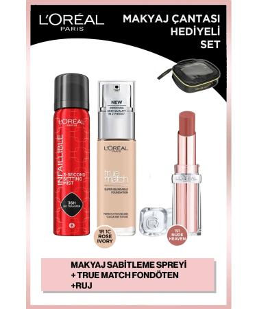 L'Oreal Paris True Match Foundation 1R Rose Ivory & Infaillable Make-up Setting Spray & Glow Paradise Balm Lipstick 191