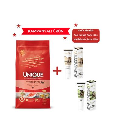 Unique Salmon Sterilized Cat Food 2 kg + Antihairball Paste and Multivitamin Paste