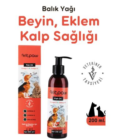 vitpaw Fish Oil 200ml. Omega 3-omega 6 Fish Oil for Cats and Dogs (HEART BRAIN FEATHER HEALTH) Salmon Oil
