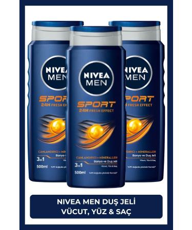 NIVEA MEN Men's Bath and Shower Gel Sports 500ml Regenerating Men's Care Revitalizing Body Face Hair X3Pcs