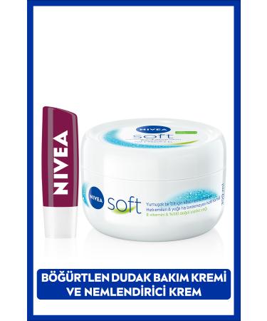 NIVEA Soft Cream 300ml and Blackberry Moisturizing Lip Care Cream 4.8gr Burgundy Shimmer Natural Oils