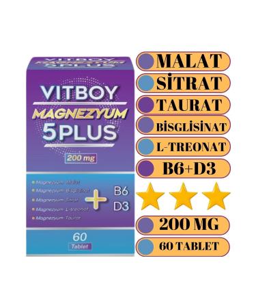 Vitboy Magnesium 5 Plus 60 Tablets 200mg Malate-Bisglycinate-Citrate-L-Threonate-Taurate-B6-D3