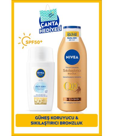 NIVEA Sun Light Texture Face Cream 40ml Spf50 And Q10 Firming Tan Body Lotion 200ml Gift Bag