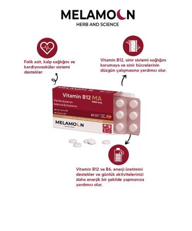 Melamoon B12 B6 and Folic Acid: Nervous System Pregnant Women and Hematopoiesis Support 1000mcg 30's - Buy Online on GoSupps.com