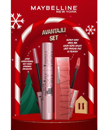Maybelline New York Lash Sensational Sky High Mascara & Super Stay Vinyl Ink Long-Lasting Liquid Glossy Lipstick 15 Peachy