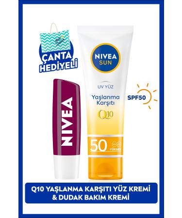 NIVEA Sun Q10 Anti-Aging Sunscreen Face Cream 50ml With Blackberry Lip Balm Gift Bag
