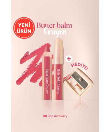 CLIO Creamy Tinted Lip Balm in Pencil Shape & Sharpener CLIO Butter Balm Crayon 008 Pop-Art Berry