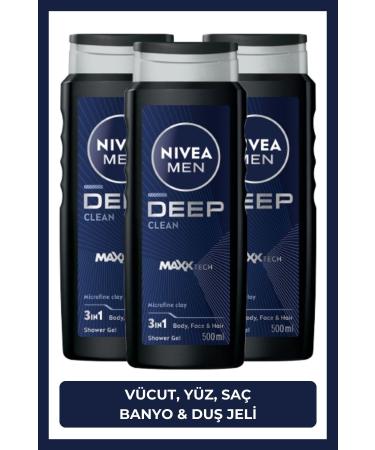 NIVEA MEN Men's Deep Dimension Bath and Shower Gel 500ml 3 in 1 Complete Care Body Hair Face