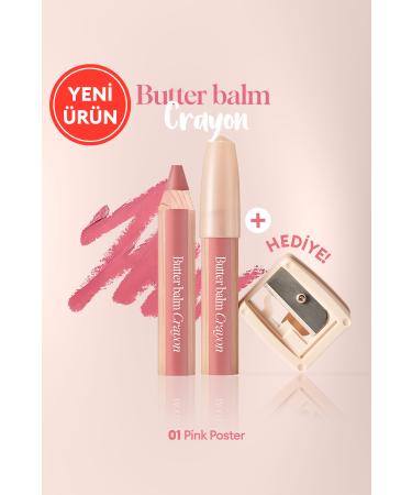 CLIO Creamy Tinted Lip Balm in Pencil Shape & Sharpener CLIO Butter Balm Crayon 001 Pink Poster
