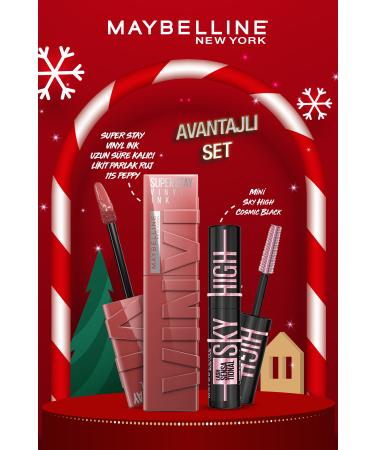 Maybelline New York Super Stay Vinyl Ink Long-Lasting Liquid Glossy Lipstick 115 Peppy & Mini Sky High Cosmic Black Mascara