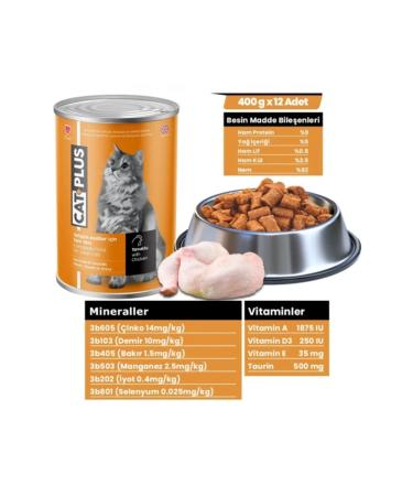 Cat Plus Catplus Adult Cat Canned Food with Chicken and Meat Pieces in Sauce 400 gr X 12 Pieces
