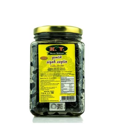 HY OLIVE Gemlik Black Olives (900 Gr.) (321-380) (glass Jar)