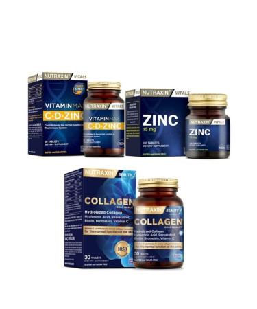 Nutraxin Supplement Set-zinc 15 Mg 100 Tablets + Type 1 and Type 3 Hydrolyzed Collagen Containing 30 Tablets + Vitamin Max