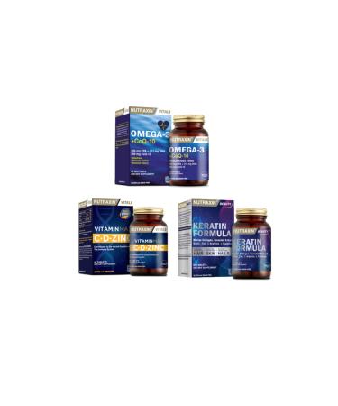 Nutraxin Omega 3 + coq-10 (coenzyme) 60 Capsules + vitamin Max (c d zinc) 60 Tablets + Keratin for Hair and Nails