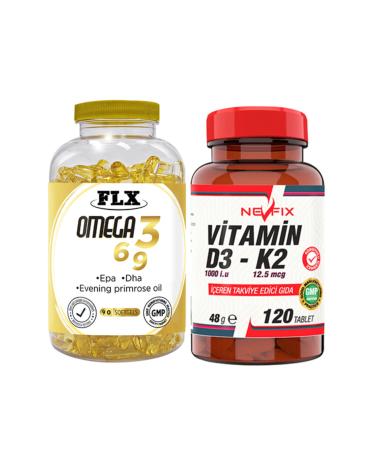 FLX Omega 3-6-9 Fish Oil 180 Softgel & Nevfix Vitamin D3-k2 120 Tablets