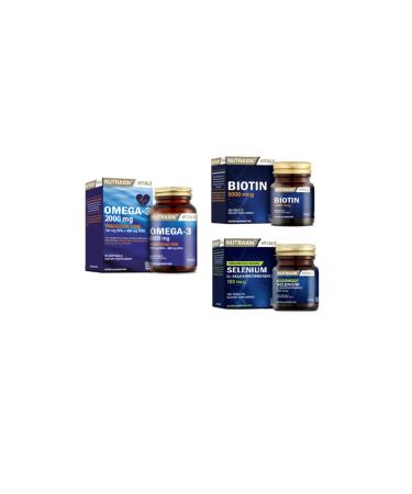 Nutraxin Omega 3 Fish Oil 2000 Mg 60 Softgels + Biotin 30 Tablets + Selenium 100 Tablets