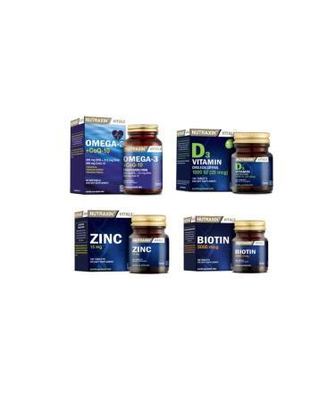 Nutraxin Omega 3 + coq-10 (coenzyme) 60 Capsules + biotin 30 Tablets + D3 Vitamin 120 Tablets + zinc 100 Tablets