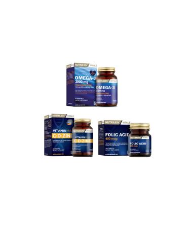 Nutraxin Omega 3 Fish Oil 2000 Mg 60 Capsules + Vitamin Max (c d zinc)60 Tablets + Folic Acid 100 Tablets