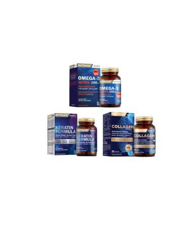 Nutraxin Omega 3 Ultra 2500 Mg Fish Oil 30 Capsules + Hydrolyzed Collagen 30 Tablets + Keratin Formula 60 Tablets
