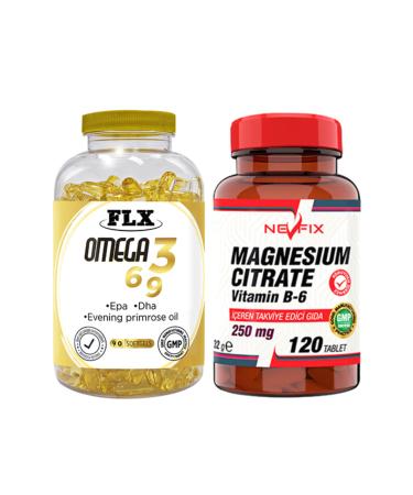 FLX Omega 3-6-9 Fish Oil 90 Softgel & Nevfix Magnesium Citrate Vitamin B-6 120 Tablets