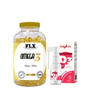 FLX Omega 3 180 Softgel & Nevfix Vitamin D3 Liquid 20 Ml