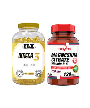 FLX Omega 3 Fish Oil 90 Softgel & Nevfix Magnesium Citrate Vitamin B-6 120 Tablets