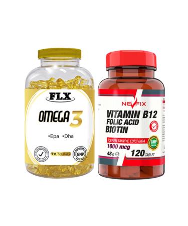 FLX Omega 3 Fish Oil 90 Softgel and Nevfix Vitamin B12 1000 Mcg 120 Tablets