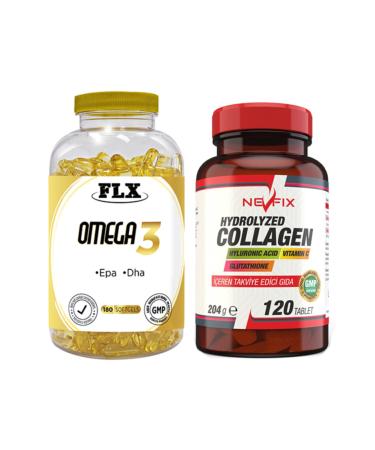 FLX Omega 3 Fish Oil 180 Softgel & Nevfix Collagen Glutathione Hyaluronic Acid Vitamin C 120 Tablets