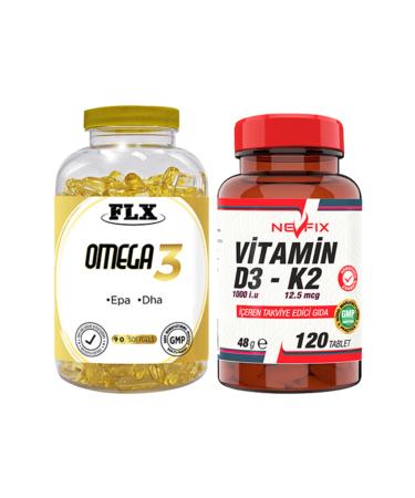 FLX Omega 3 Fish Oil 90 Softgel & Nevfix Vitamin D3-k2 120 Tablets