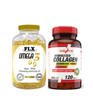 FLX Omega 3-6-9 Fish Oil 90 Softgel & Nevfix Collagen Glutathione Hyaluronic Vitamin C 120 Tablets