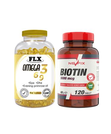 FLX Omega 3-6-9 Fish Oil 90 Softgel & Nevfix Biotin 5000 Mcg 120 Tablets
