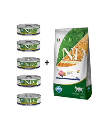 N & D Low Grain Lamb Sterilized Cat Food 10 kg + 5 Prime Canned 85 gr