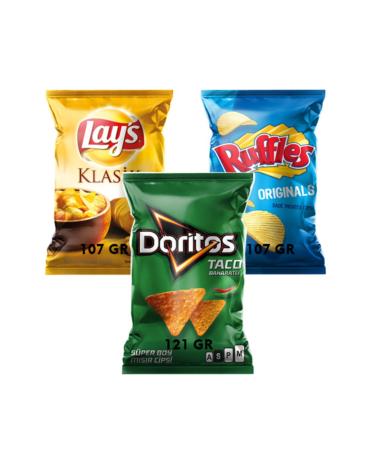 Frito Lay Lays 107gr + Ruffles 107gr + Doritos 121gr