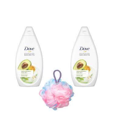 Dove Avocado & Calendula Essence Shower Gel 500ml Set of 2 + Bath Loofah
