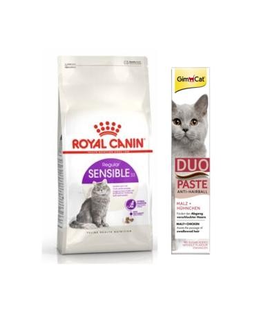 Royal Canin Sensible 33 Digestive Sensitivity Cat Dry Food 2 Kg + Gimcat Duo Paste Chicken Anti-hairball Malt