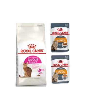 Royal Canin Savour Exigent Selective Cat Dry Food 2 Kg + 2 Pieces Intense Beauty Wet Food 85 Gr