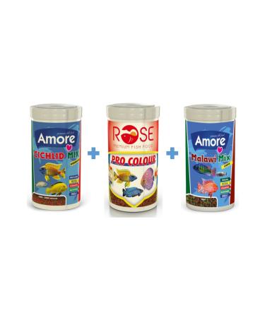 AMORE Cichlid Mix 250ml + Rose Pro Colour 250ml + Malawi Mix 250 Ml Box Cichlid Fish Food