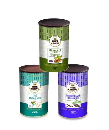 Has Kahve Gurme 3-Piece Tin 3*250 Gr (Cardamom-Mastic Mastic-Pistachio Turkish Coffee)