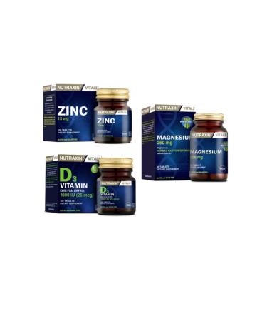 Nutraxin Zinc 15 Mg 100 Tablets + Magnesium 250mg 60 Tablets + Vitamin D3 120 Tablets