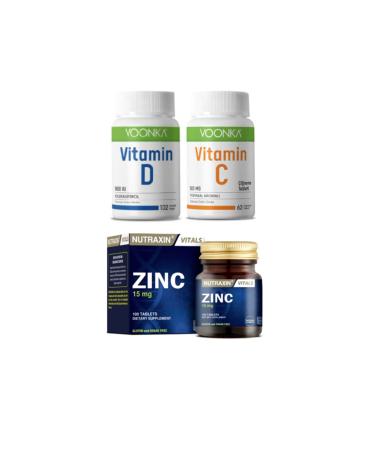 Nutraxin Zinc 15 Mg 100 Tablets + Voonka Vitamin D 1000 Iu 102 Capsules + Vitamin C 62 Chewable Tablets