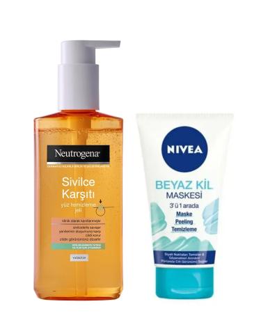 Neutrogena Anti-Acne Facial Cleansing Gel 200 Ml & Nivea White Clay Mask 3 in 1 Mask150 Ml