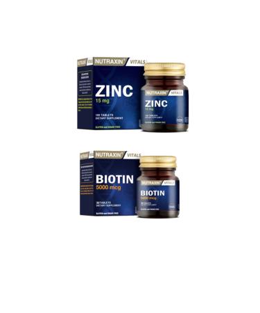Nutraxin 15 Mg Zinc Mineral Containing Supplementary Food 100 Tablets + Biotin 5000 Mcg 30 Tablets