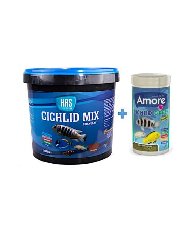 Has Cichlid Mix 3 Kg Bucket + Amore Cichlid Green 1000ml Box Aquarium Fish Food